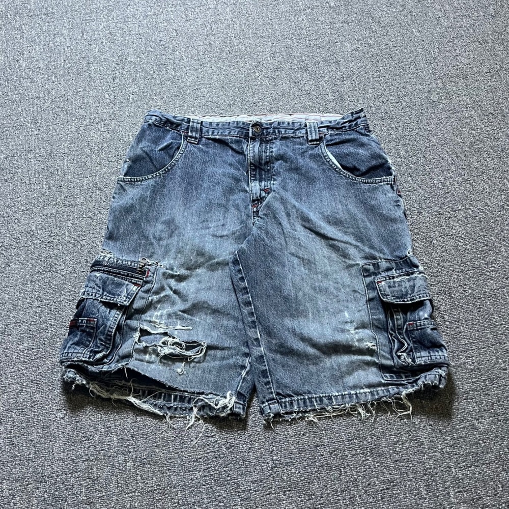 Vintage WRG Jeans Co Cargo Shorts 16 Husky Blue Distressed Denim Skater Y2K